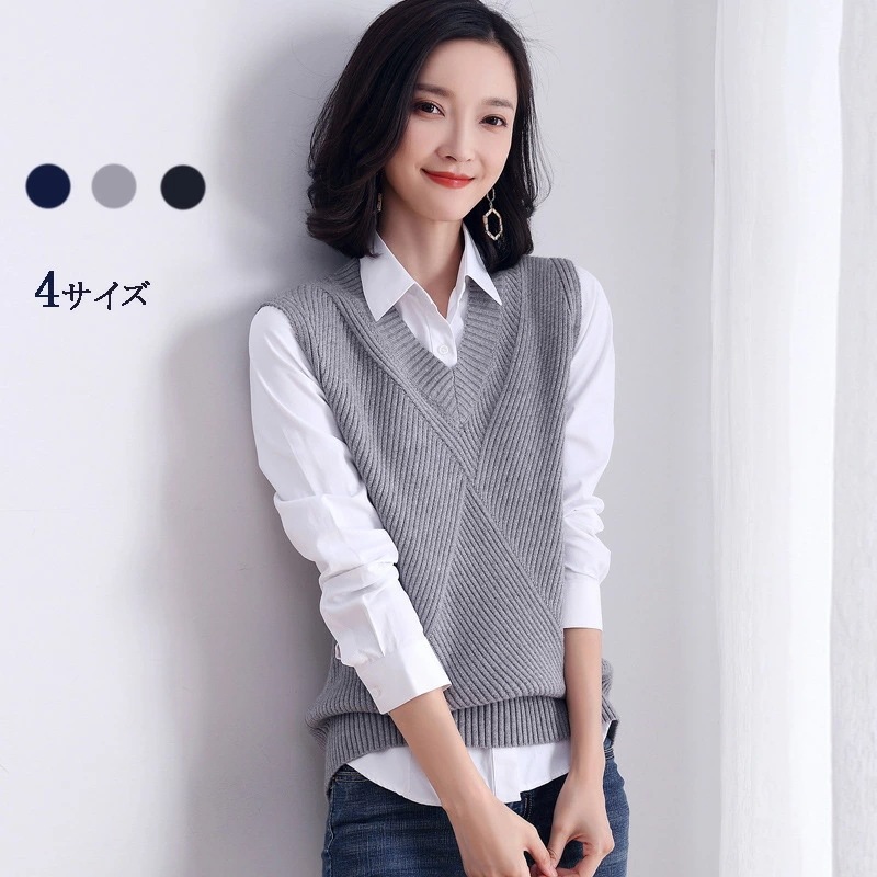 ニット ベスト vネック セーター レディース 長袖 秋 冬 大きいサイズ ショート丈 可愛い チュニック 無地 カジュアル トップス 厚手 洗える おしゃれ シンプル 着やせ 上品