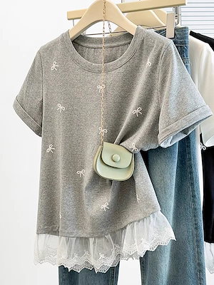 【1点ご購入 で10点プレゼントいたします】婦人服レースフリル下肩を正す半袖Tシャツ女性太ったmm痩せた上着