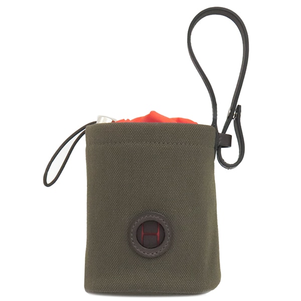 エルメス HERMES ポーチ 犬用トリーツポーチ コットンキャンバス レザー カーキ×フー シルバー金具 オレンジ ペット用品 お散歩バッグ B刻印(2023年製) 【箱】【中古】