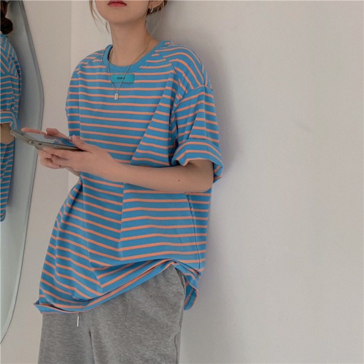 憧れの ブルーストライプ半袖tシャツレディース21年夏ルーズミドル丈和風トップトレンドのニューネットレッド韓国版
