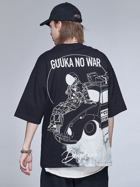 メンズ 夏 ヒップホップ 宇宙飛行士 プリント 半袖 Tシャツ