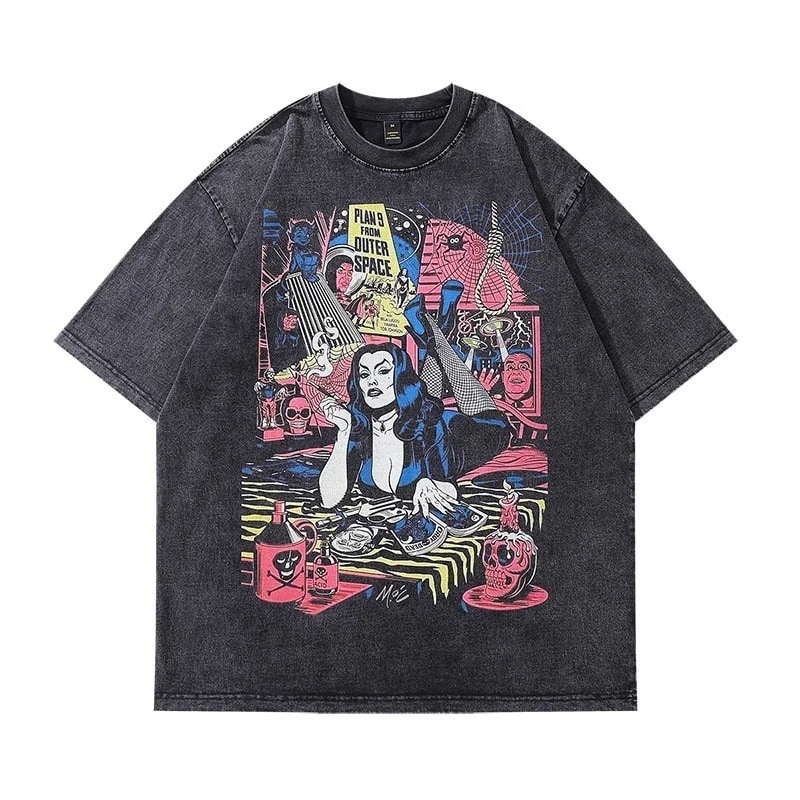 アメリカンプリントウォッシュ半袖Tシャツ男性と女性用ヨーロッパとアメリカのハイストリートレトロトレンディブランドルーズ半袖Tシャツ