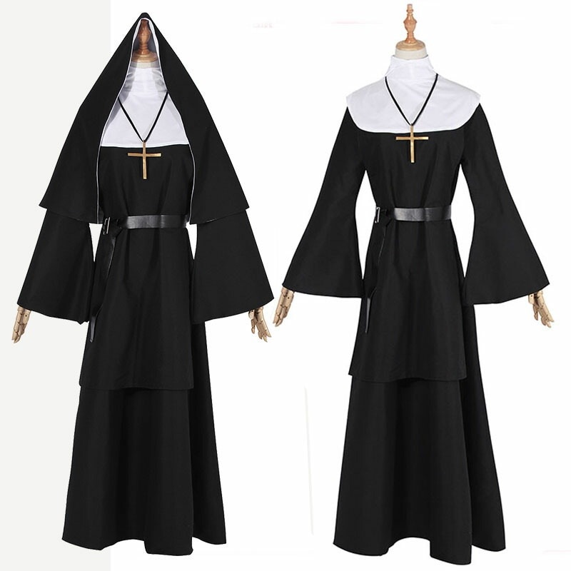【激安開催】ハロウィン 仮装 大人 女性 シスター 修道女 コスプレ 衣装 5点セット ハロウィン コスチューム 仮装 イベント 学園祭 大人 ブラック S/M/L/XL/2XL/3XL