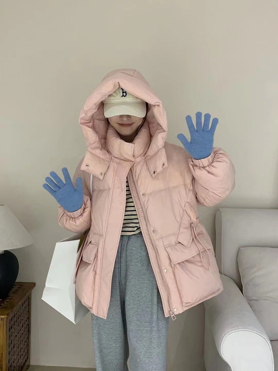 フード付きウエストダウンジャケット レディース ミディアム丈 冬ファッション 甘くて薄いワークウェア 小さいサイズ ジャケット バーストモデル