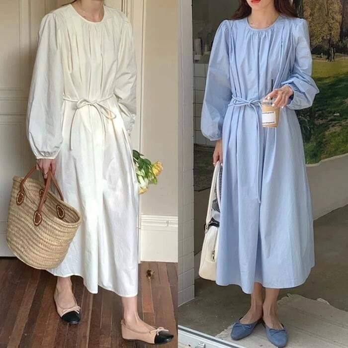 20代 袖あり 50代 長袖 カジュアル い ミモレ丈 エレガント ホワイト レディース 夏 シンプル フェミニン ナチュラル 体型カバー 青 白 ワンピース ドレス ブルー ウエストリボン