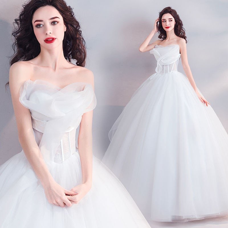 レディース ウエディングドレス 上品な ロングドレス ベアトップ 花嫁ドレス 素敵な ブライダルドレ