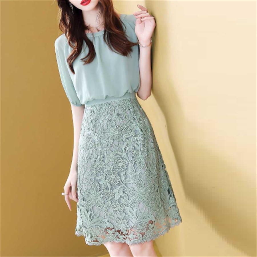 ロングドレス ドレス 衣装 ワンピース パーティドレス カラードレス ロング ひざ丈 袖あり 半袖 クルーネック Aライン フレア レース 透け感 シースルー 異素材 ドッキング