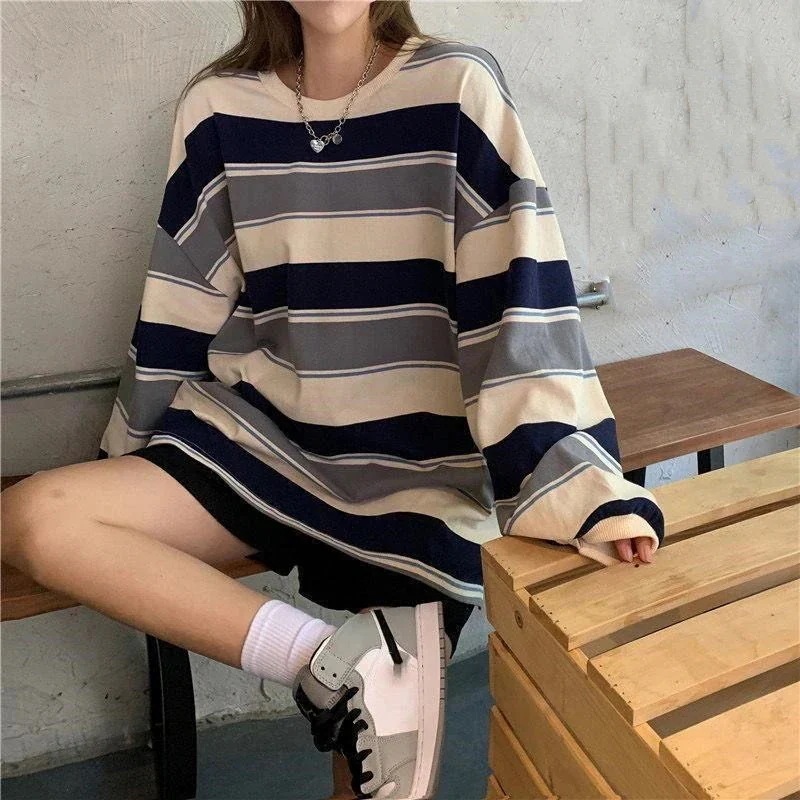 人気沸騰 トレーナー レディース スウェット カットソー 長袖 ストライプ プルオーバー ビッグシルエット tシャツ おしゃれ 可愛い カジュアル 大きい