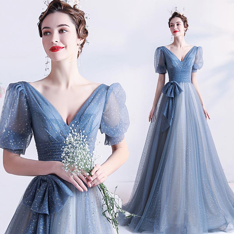 スレンダーライン ロングドレス 演奏会用ドレス 舞台衣装 パフスリーブ ステージ衣装 演奏会 舞台 発表会 結婚式 カラオケ イベント パーティ Ｖカット カラードレス スレンダーライン ブルー ロン 23,415円