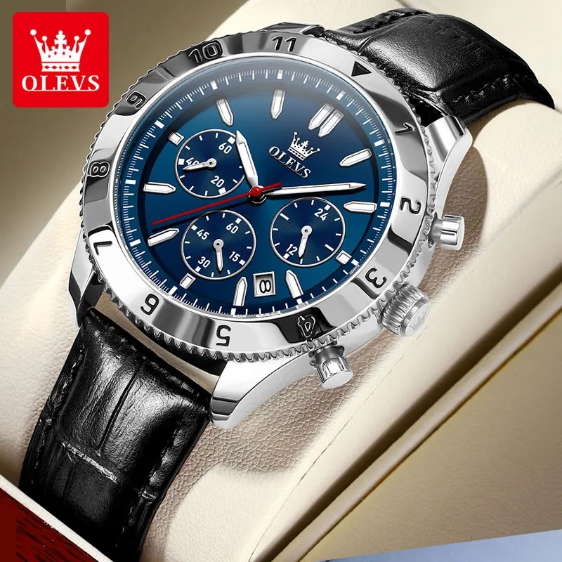 Olevs-メンズオリジナルクォーツ時計 レザーストラップ クロノグラフ カレンダー 防水 発光 メンズリストウ