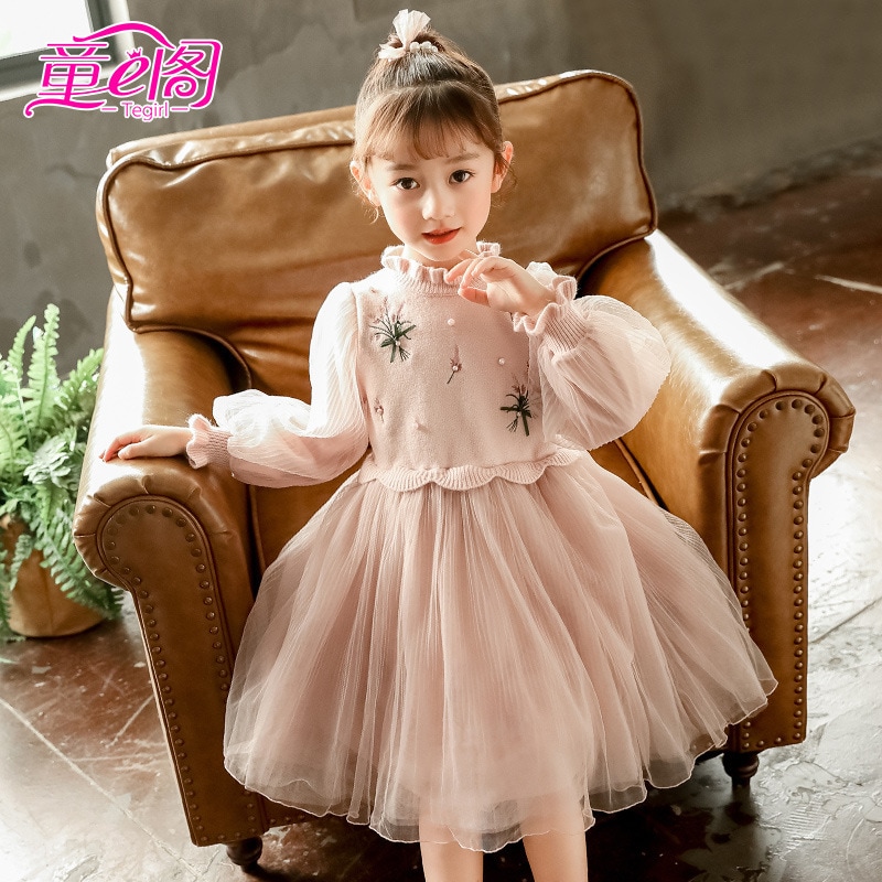 子供服 ワンピース 秋冬 長袖 キッズ 女の子 レースワンピース ニット 子供ドレス ジュニア ベビー服 カジュアル おしゃれ 可愛い 新品-533