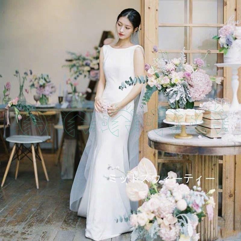 ウェディングドレス 二次会 前撮り 結婚式 披露宴 パーティー スレンダードレス ロングドレス 袖な