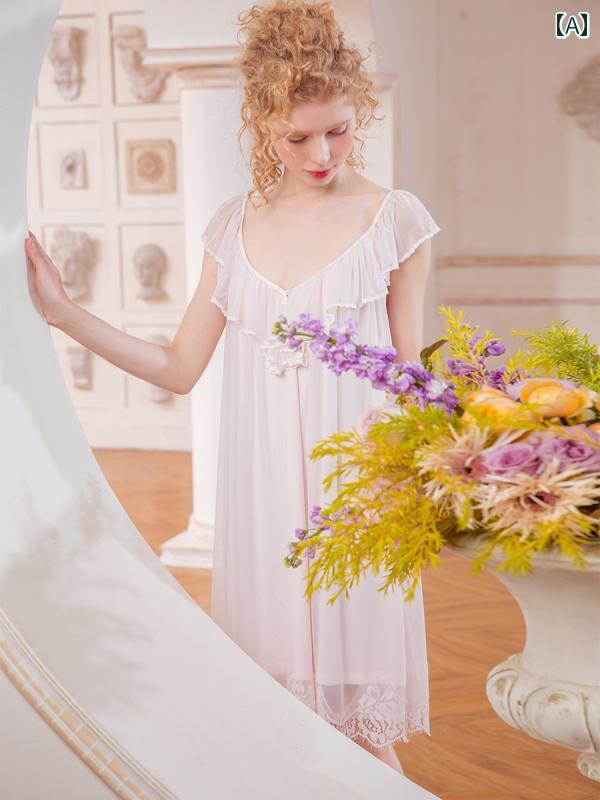 ネグリジェ パジャマ レディース 宮廷風 フリル シフォン ワンピース ドレス ローブ シンプルフレンチ 透け感 上品 ルーム ナイト ホームウェア