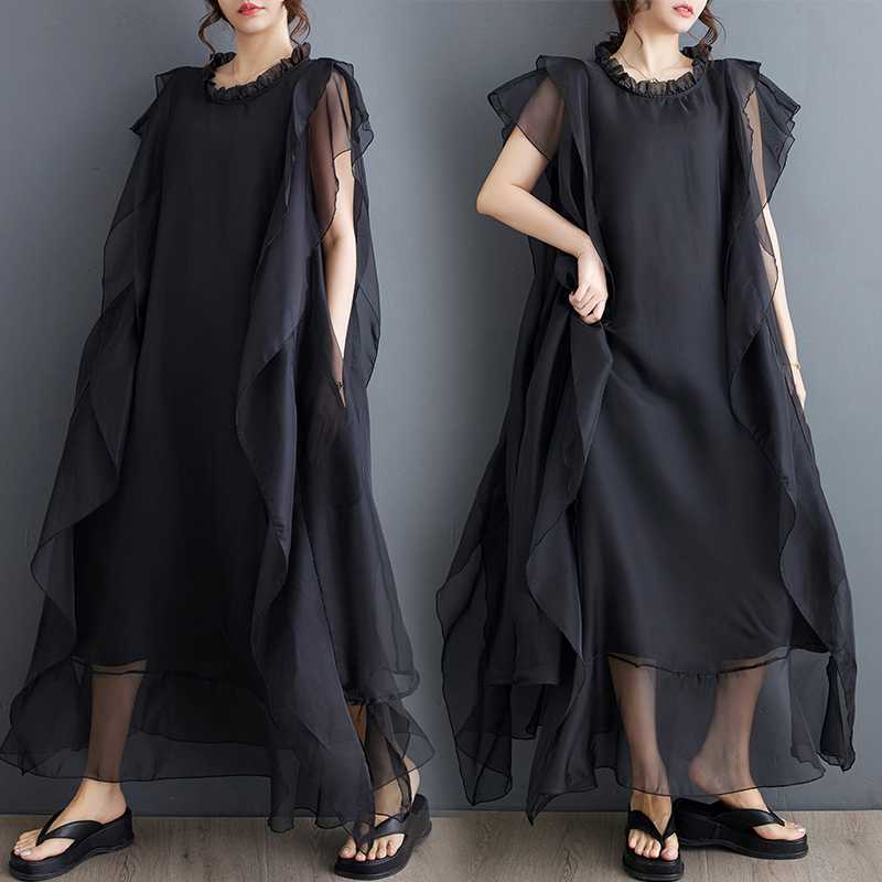 「ファットガール」 裏地付き 2層 チュール ドッキングワンピース ノースリーブ ロングワンピース 体型カバー 大きいサイズ ゆったり レディース30%までに制限 4,689円