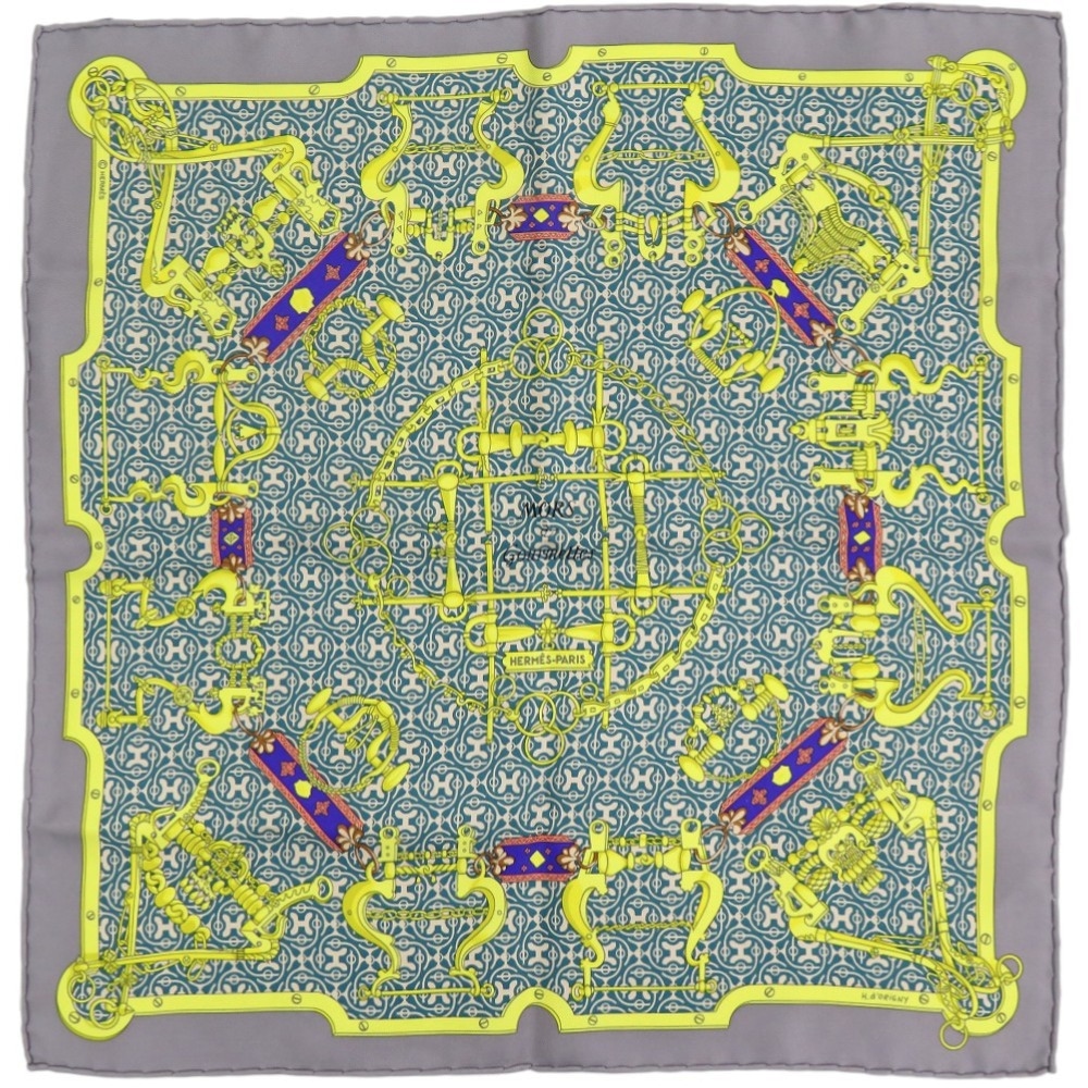 美品 カレ45 MORS et Gourmettes 馬銜と鎖 スカーフ シルク グレー 0194【中古】 レディース