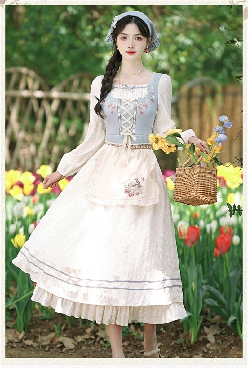 Lolitaワンピース 長袖 ロング丈ワンピース学院風Aライン フレアワンピース シンプル 宮廷風 ワンピースロリータ学生 女の子 大人可愛い文化祭ダンス衣装ストリート系レトロ調 3点セット ヒジ