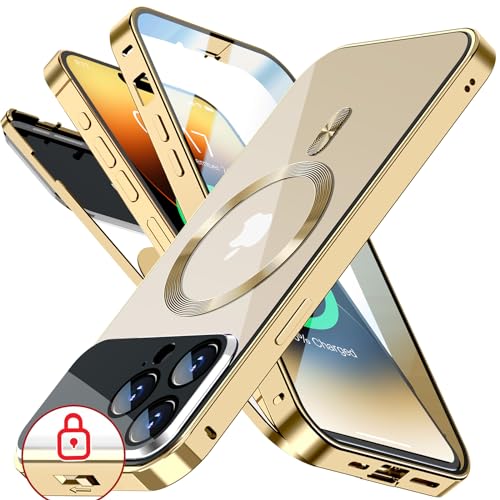 Rosycover【新次元の一体型レンズ・メカニカルロック】iPhone 14 Pro Max 用の ケース Mag-safe対応[360全面保護・両面強化ガラス][本体の色・CD Mag-safeリ