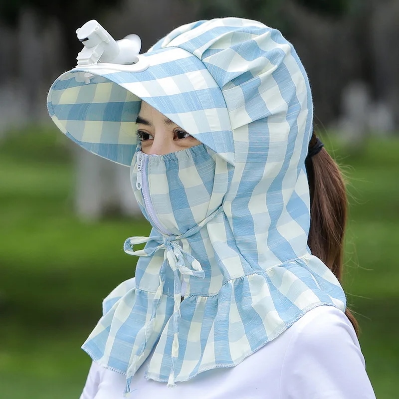 納期14-21日女性用サンハット,春と夏,日焼け止め,ストライプの木のパンチ,首の保護,ファン付き