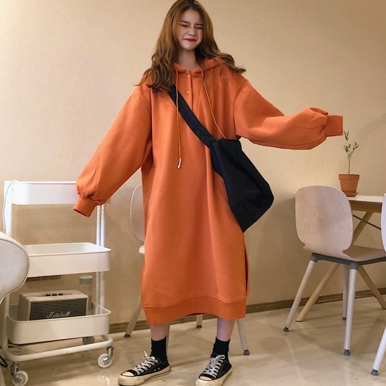 ワンピース レディース 送料無料 ロングワンピース クルーネック スウェット トレーナー スリット フード付き 長袖 二の腕カバー ゆったり 大きめ オーバーサイズ ビッグサイズ 大きいサイズ フリー