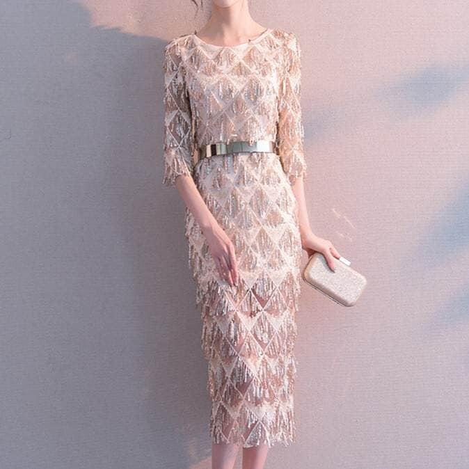 レディース ワンピース ドレス ミモレ ノースリーブ 5分袖 Uネック スリム ファスナー 大人可愛い きれいめ 上品 おしゃれ ラフ ガーリー クール エレガント 主役級 存在感 フォーマル 都会的