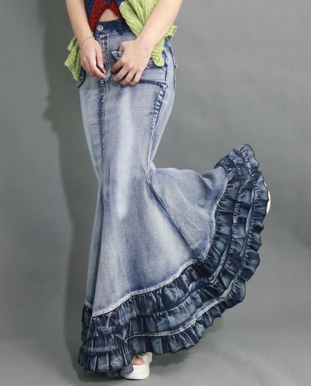 3277.デニムマーメイドカジュアルボトムス 2019春夏 sale マキシ丈 大人カジュアル ロング丈 マーメイド フリル お出かけ お呼ばれ 女子会 普段使い