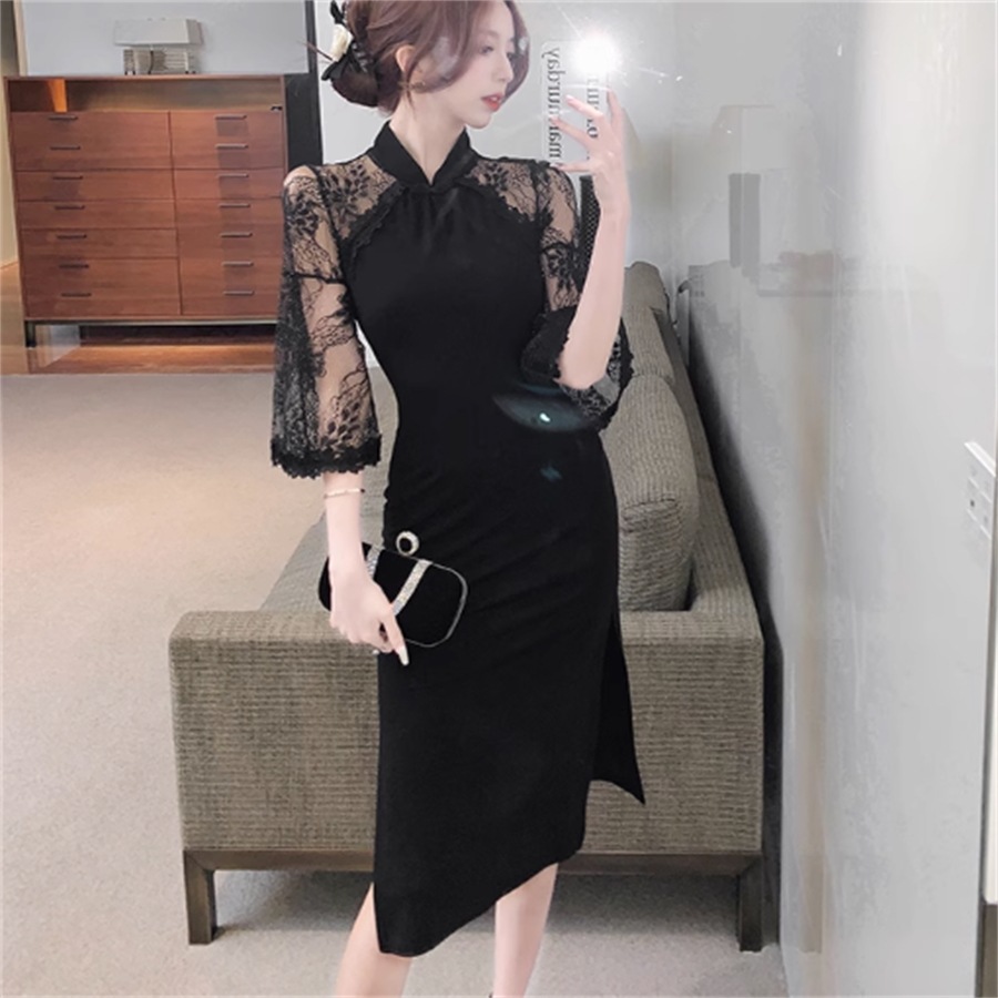 ロングドレス ドレス 衣装 ワンピース パーティドレス ペンシルスカート ロング ミモレ 袖あり 長袖 フレア袖 フレアスリーブ ハイネック チョークネック Iライン レース 透け感