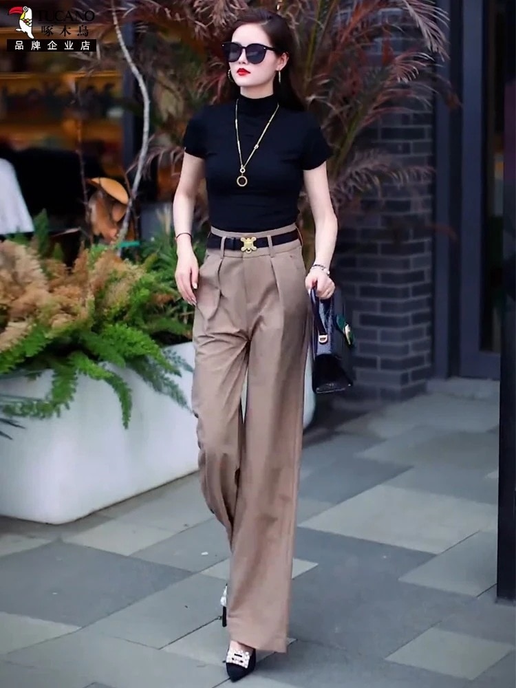 パンツ高級気質のペンダント感のストレートパンツ女性2025春秋の新型高腰梨型スタイルのカジュアルなごろつきのズボン
