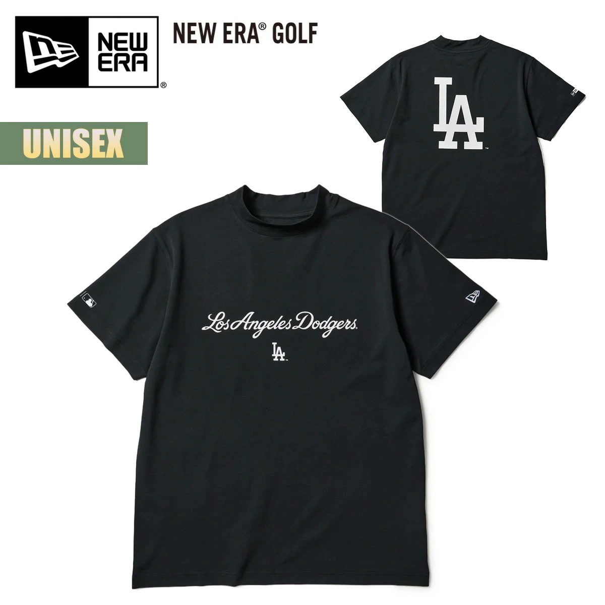 ゴルフ 半袖 ミッドネック Tシャツ MLB ロサンゼルス・ドジャース ブラック スクリプト 吸汗速乾 UVカット 抗菌 鹿の子 ユニセックス 黒 LA 14859925 2026 SS 春夏 正規品