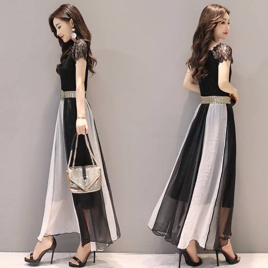 パーティードレス ロング ドレス ワンピース 袖あり 大きいサイズ バイカラー 個性的 おしゃれ ワンピドレス 結婚式 二次会 お呼ばれドレス 黒 ロング丈 ドレス マキシ 演奏会 半袖 10代 20