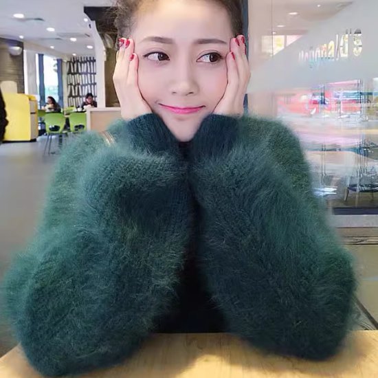 ニットセーター レディース トップス ニット セーター 長袖 モヘア 起毛 プルオーバー シンプル 無地 グリーン 緑 ルーズ ハイネック ランタンスリーブ カジュアル お出かけ おしゃれ