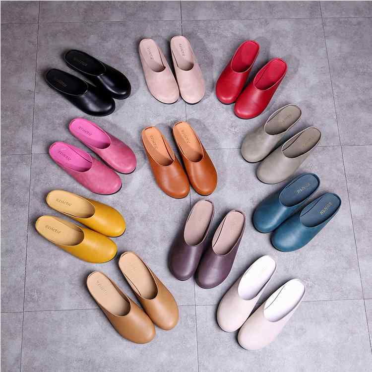 スリッポン かかとなし シューズ レディース 婦人靴 ラウンドトゥ フラット 革 レザー スリッパ 夏 レトロ グレー パープル ブラック