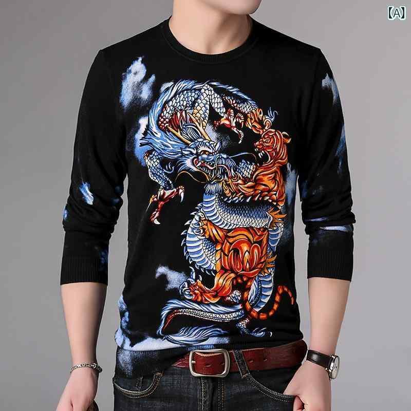 秋 メンズ ファンシー セーター ドラゴン ユニコーン 柄 プリント ニット ウール セーター トップス