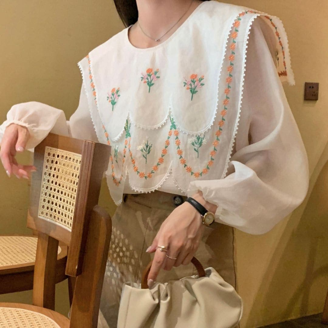 トップス シャツ ブラウス 袖あり 長袖 ボリューム袖 ビッグカラー 大きい襟 襟付き スカラップ セーラー襟 白系 アプリコット 透け感 シースルー かわいい 大人可愛い カジュアル おしゃれ 5,513円