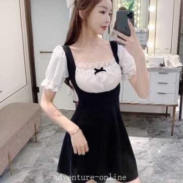 【2025新作入荷】キャバ ドレス ミニ 超ミニ レディース メイド風 制服風 ワンピース ドレス フレア ガーリー かわいい ワンピ 黒 赤 バイカラー 無地 大 5,350円