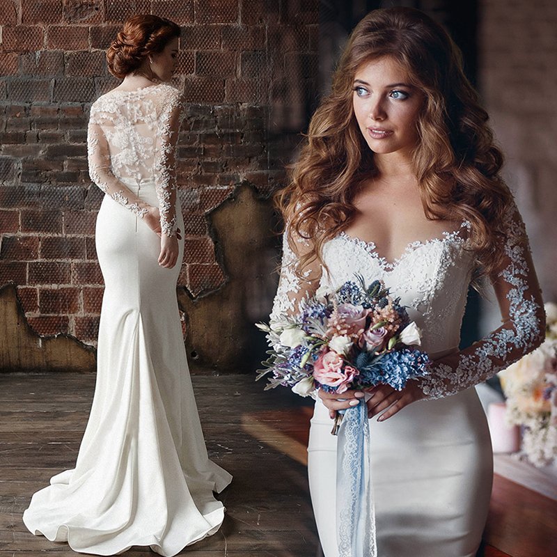 マーメイドライン ウエディングドレス 長袖 パーティドレス レディース ロングドレス 披露宴 二次会ドレス 結婚式 ドレス マーメイドライン レース セクシー