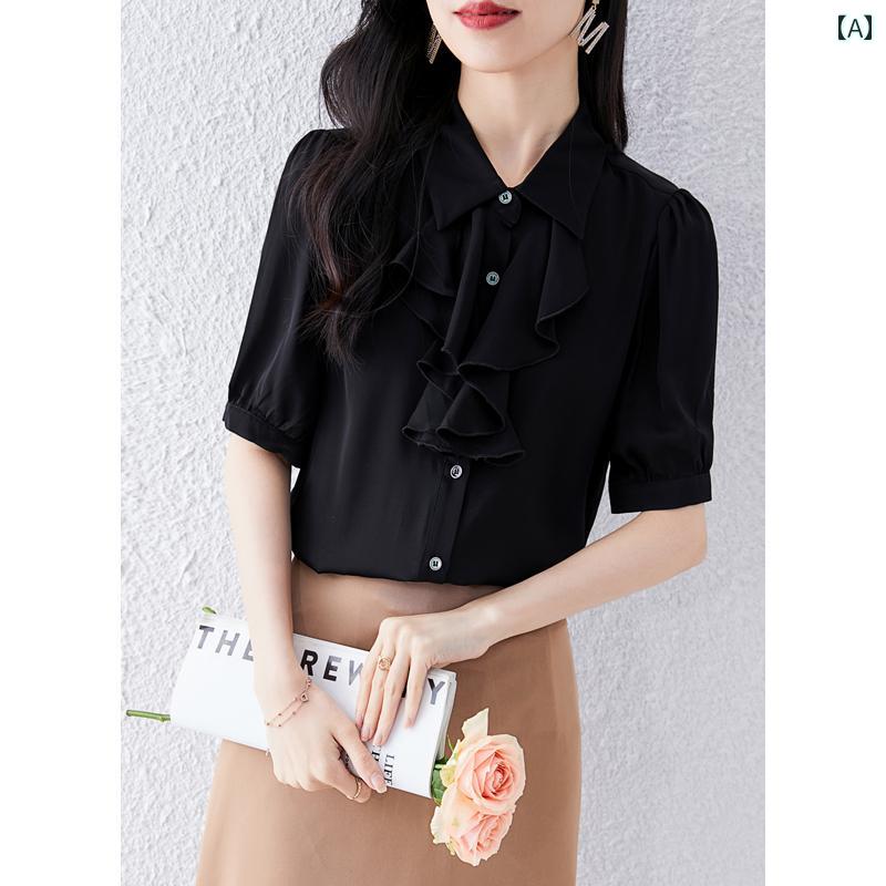 トップス レディース おしゃれ 上品 通勤 オフィス カジュアル 夏 オフィス フリルシャツ 黒 リラックス 職場