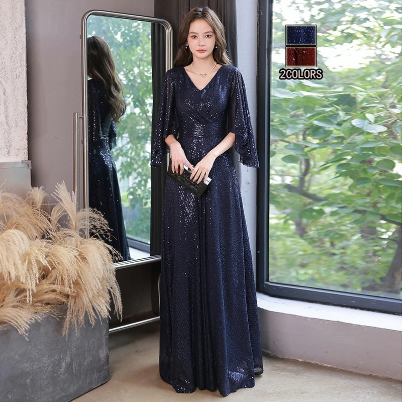 ドレス 大人 お呼ばれ 品質良い 披露宴 華やか 宴会 Vネックロングドレス 袖付き五分袖 編み上げ スパンコール フォーマル エレガント レディースママ パーティードレス コンクール イブニングドレ