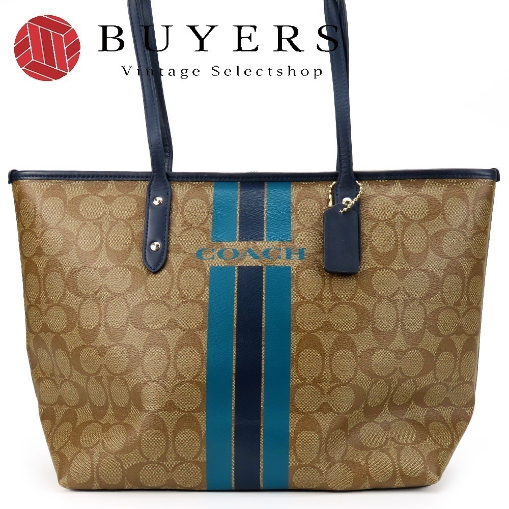 中古 トートバッグ F38405 ヴァ―シティストライプ シグネチャー レザー PVCコーティングキャンバス カーキ ネイビー ブルー ゴールド金具 肩掛け A4対応 カジュアル レディース 女性
