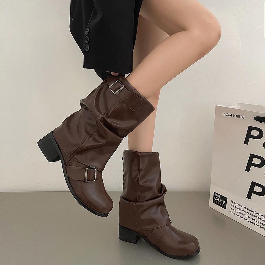 韓国ファッション レディースショートブーツ カジュアルブラウンマーディンブーツ 百掛けショートブーツ