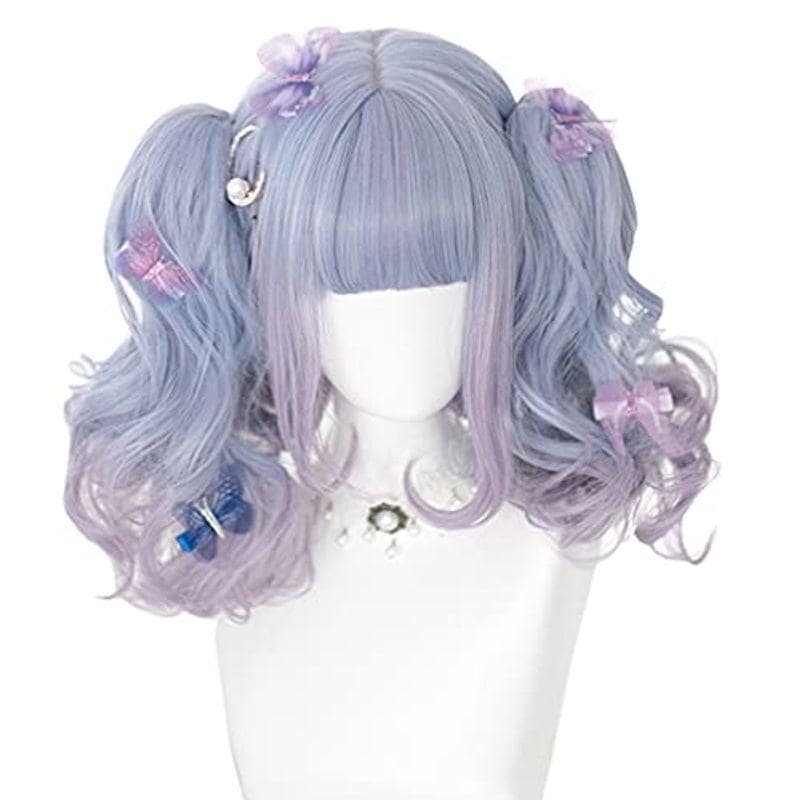 ウィッグ ロリータ 原宿風 GAL系 耐熱ウィッグ コスプレ ゴスロリ ゴシック （水色 紫 ） ボブ ツインテール 巻き髪 セット 森ガー