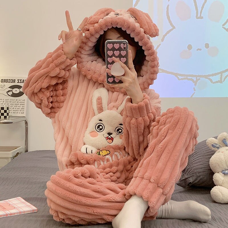 可愛い うさぎ耳 厚手 裹起毛 柔らかい お肌に優しい ホームウェア 感 質感 ウォーム フランネル パジャマ