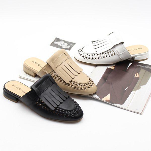 [シューズ] レザー タッセル 結び目 女性 レディース ミュール ブロファー スリッパ 2cm/3color sy2305