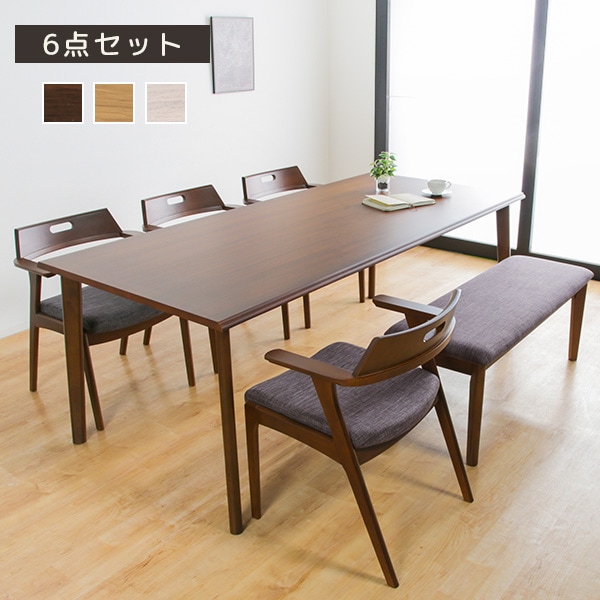 ダイニングセット 6点セット ダイニング ベンチ 110cm テーブル 幅195cm チェア 4脚 ファブリック 布張り クッション座面 食卓 6人サイズ