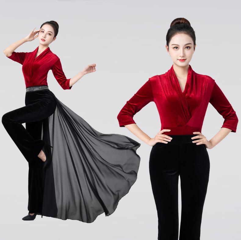 ダンス衣装セット ベルベットパンツセット ダンスレオタード 五分袖 Vネック ラテンダンス ダンスパンツ パンタロン レディースダンスウェア ダンス練習着 ダンス稽古 レッスン着 細見え 社交ダンス 4,747円