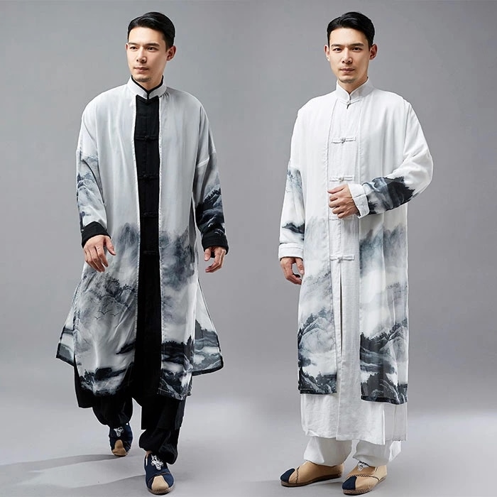 チャイナ服 メンズ 男性 シフォンの羽織と綿麻シャツの一体型 チャイナ風 中華服 山水柄 ロング 中国 メンズ用 カジュアル 服 ロング丈 シャツ ジャケット 上着 中国伝統服 メンズ チャイナ服 上