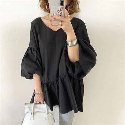 トップチュニックレディーストップブラックホワイトVネックハーフスリーブルーズフリルラージサイズ