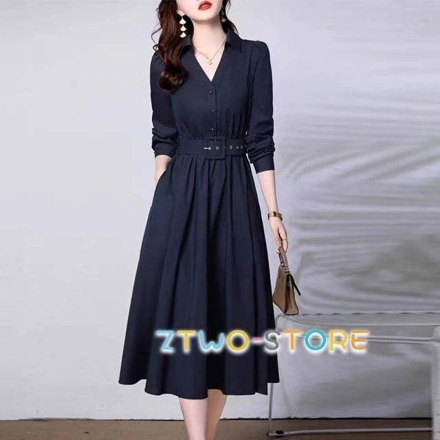 今月の新型 襟つき ワンピース 春 きれいめ ワンピース ミモレ丈 ワンピース 長袖 ロング 春 秋 ワンピースドレス 上品 シンプル 無地 大きいサイズ 3L 4L ベルト付き