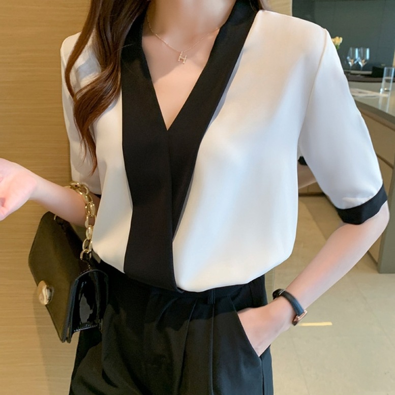 シャツ トップス カシュクールノーカラーシャツ レディース Vネックシャツ シフォンシャツ 半袖 バイカラーシャツ ブラウス ノーカラー 無地 白 ホワイト