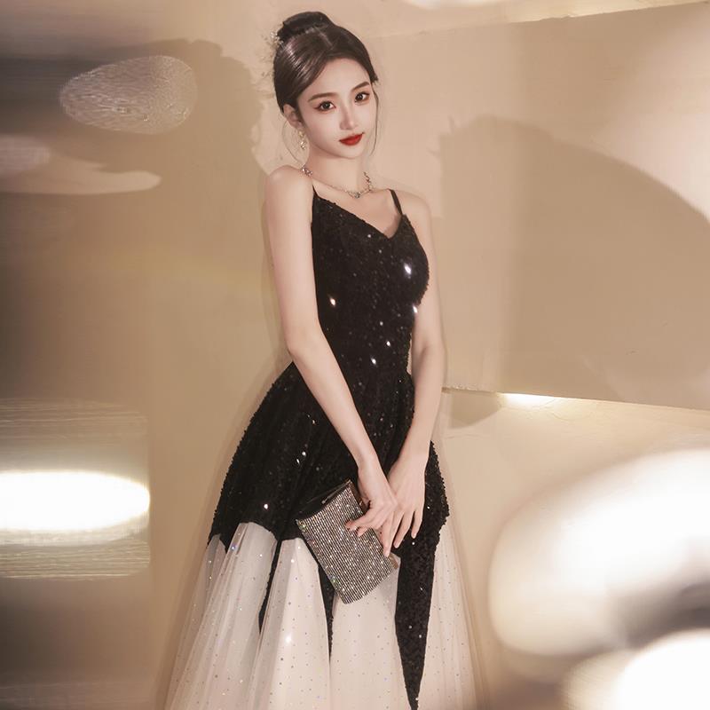 黒のサスペンダー付きスパンコールのイブニングドレス高級ニッチ2025年新作年次総会誕生日パフォーマンス司会者ドレス春