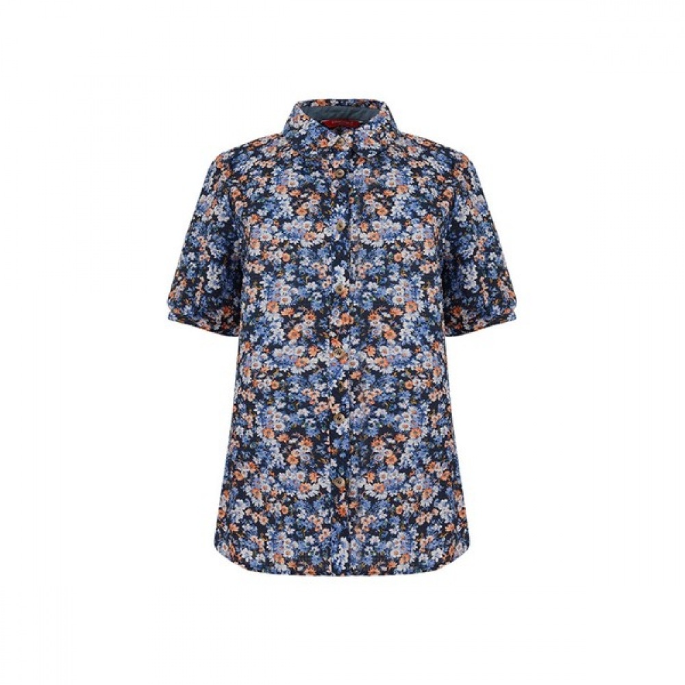 [クロコダイルレディ] ネイビーフラワープリントカジュアルフルオープンシャツCLCMBL209